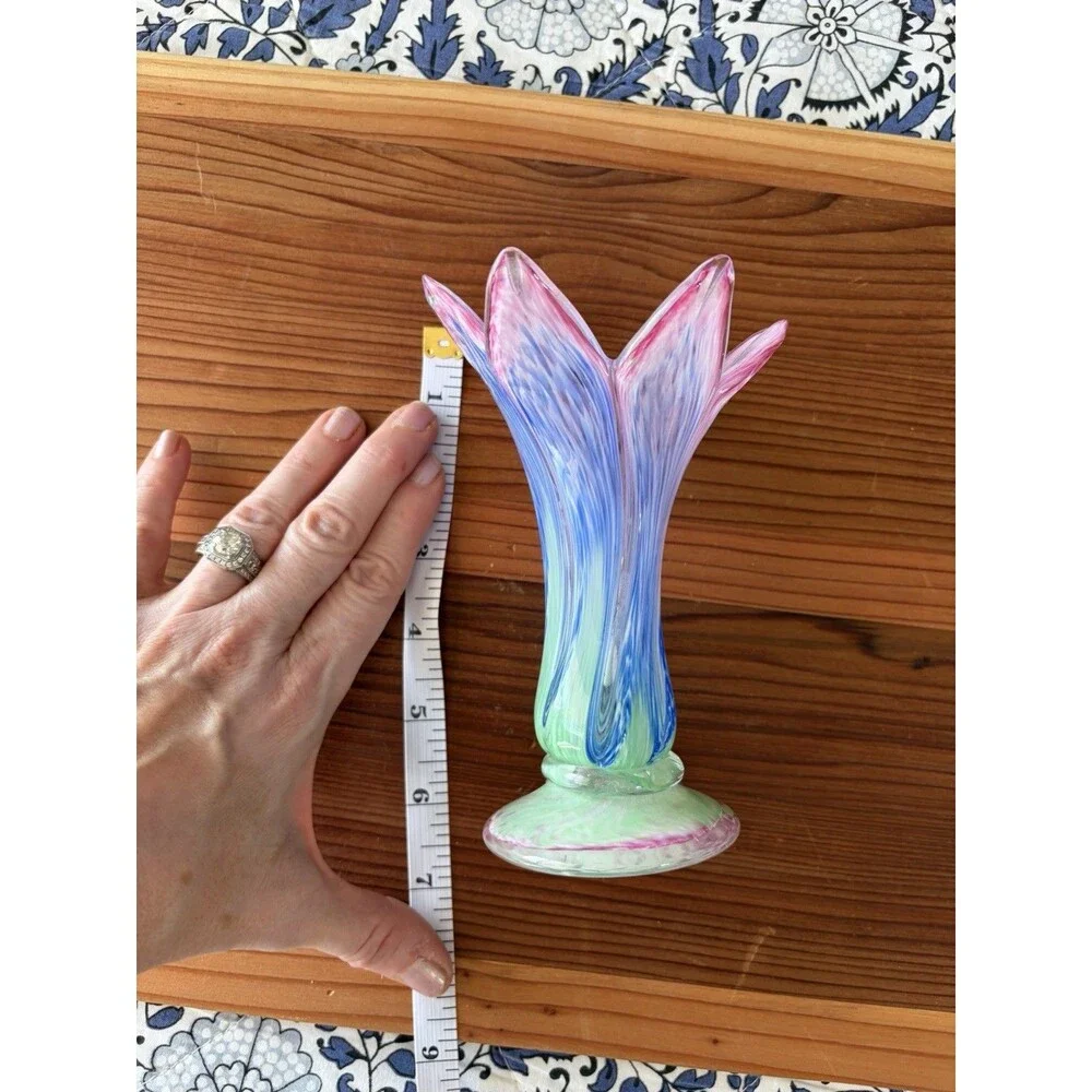 Unmarked Art Hand-blown Glass Bud Vase Swirl Pink Blue Green Glossy no chips